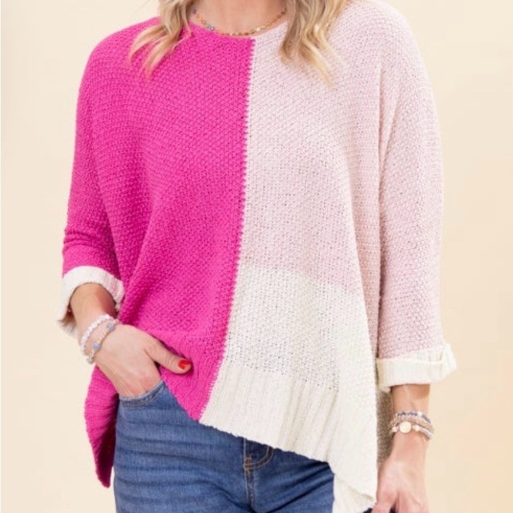 Colorblock Pink and White Women's Sweater 3/4 sleeve light weight